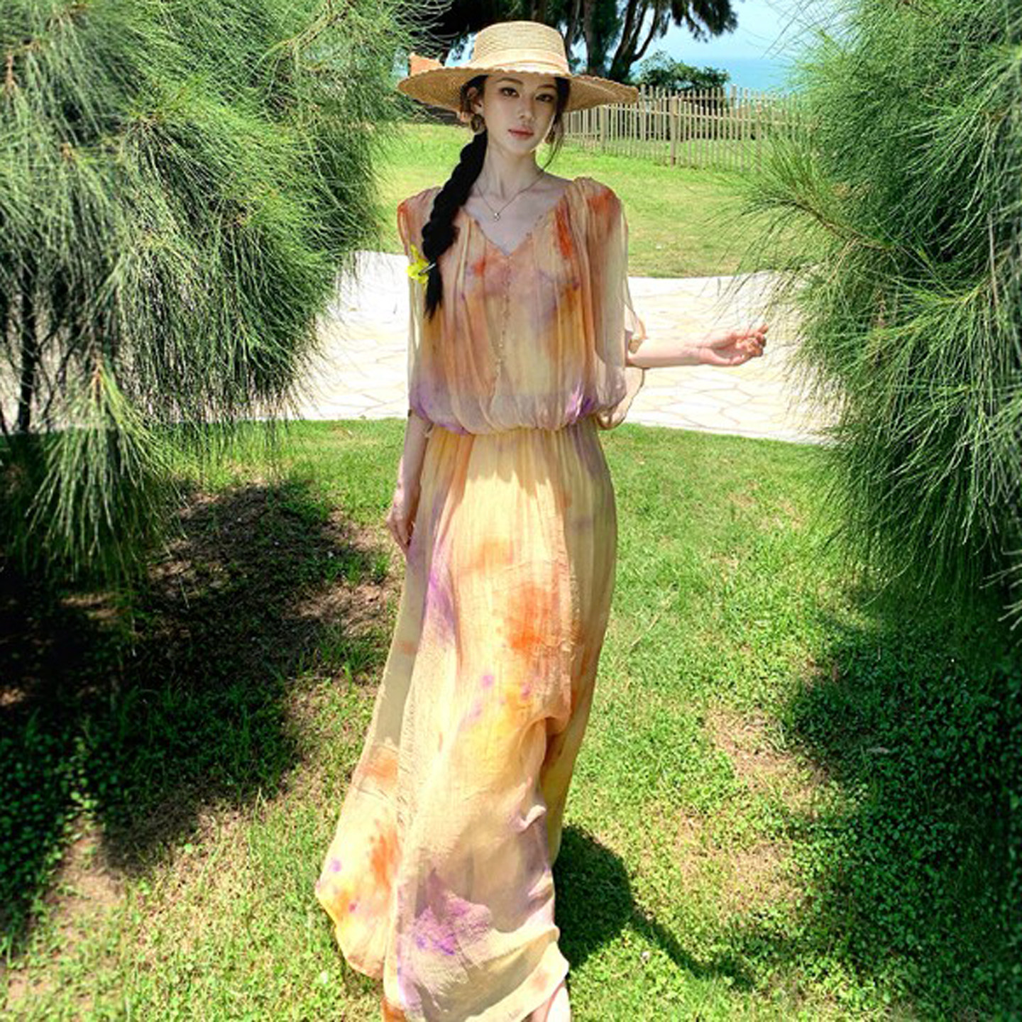 专柜正品旅游穿搭度假风超好看的印花吊带连衣裙绝美不撞款长裙子