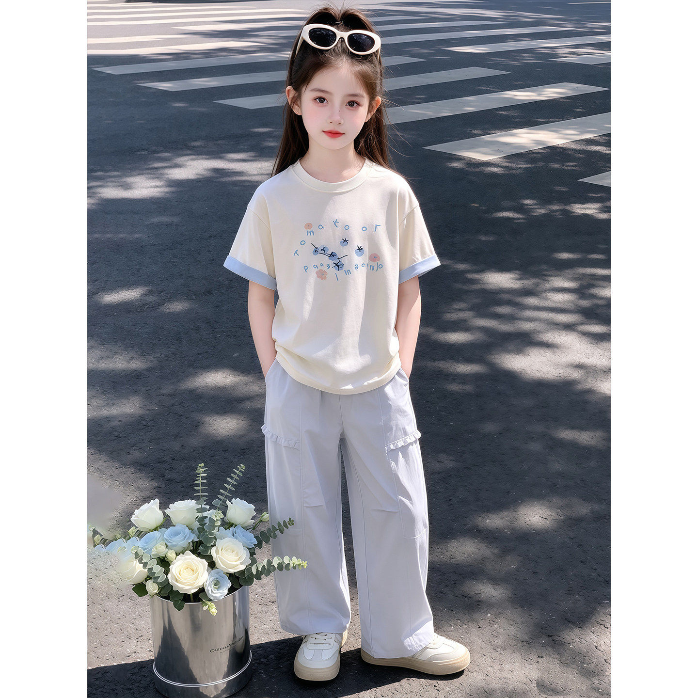 女童套装夏季2026新款儿童洋气女孩短袖T恤时髦女孩阔腿裤两件套