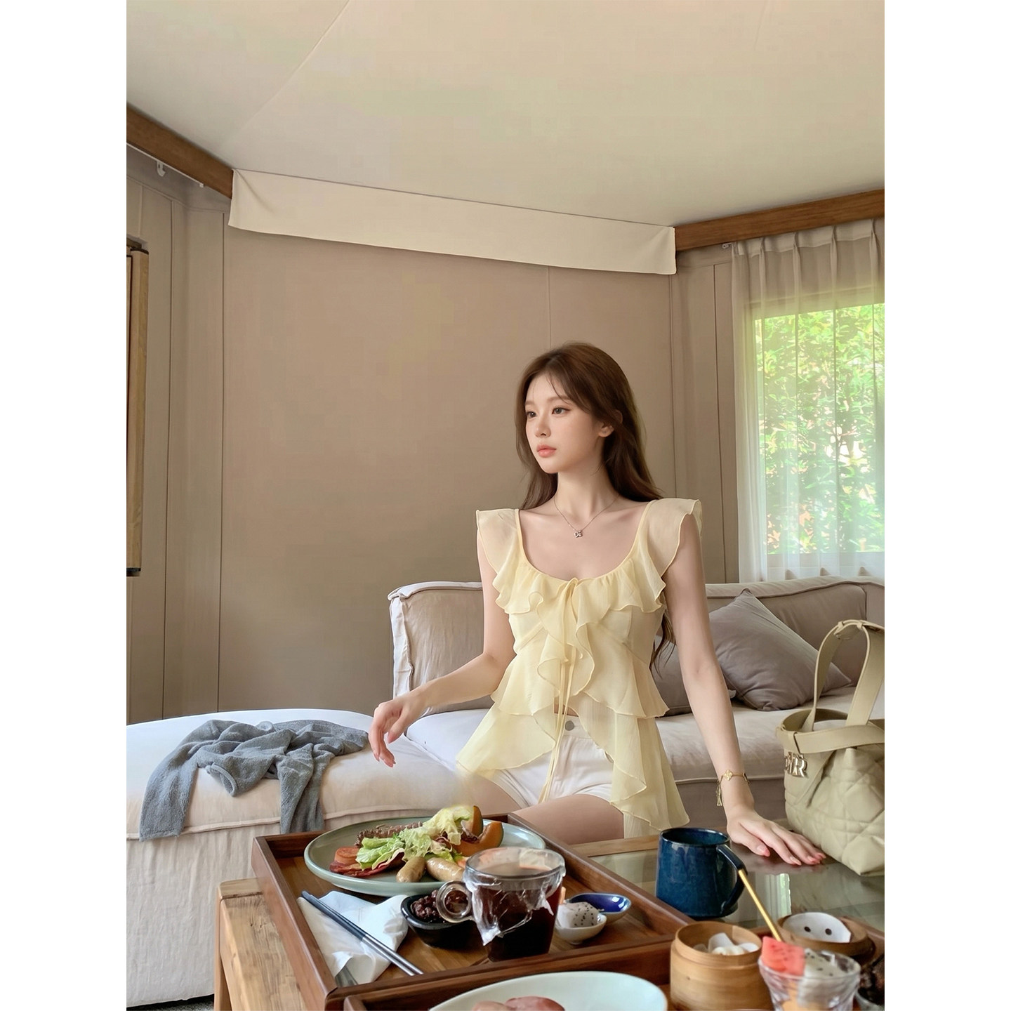 专柜正品甜妹风荷叶边小飞袖衬衣女夏季不规则小衫V领系带无袖上