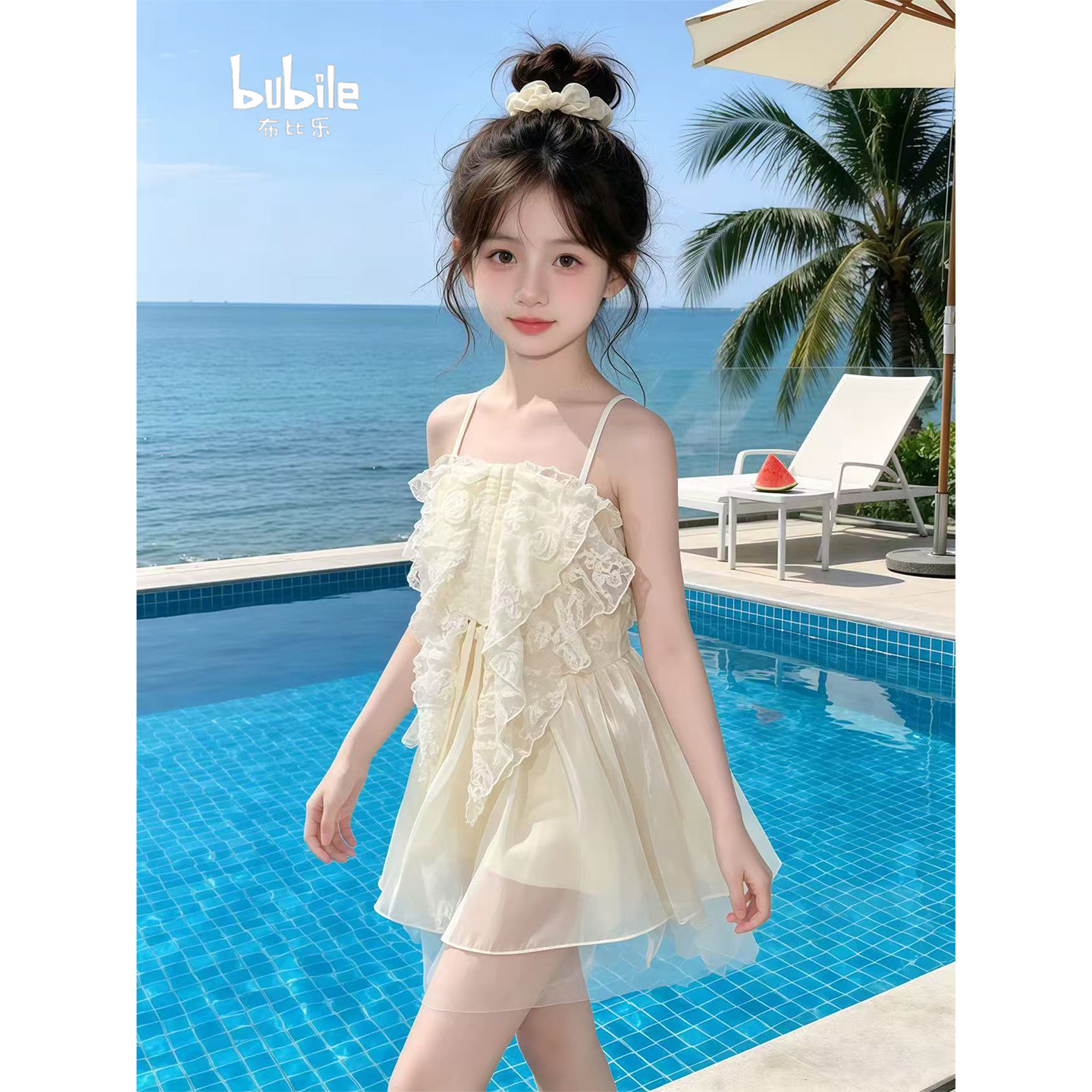 专柜正品女童韩系小女孩温柔风连体泳衣2026新款儿童蕾丝网纱短裙