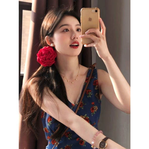 专柜正品复古高级感超好看V领无袖背心连衣裙海边度假风碎花裙202
