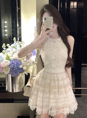 十三行正品富家千金小香风挂脖无袖连衣裙女收腰气质高级感白色蕾