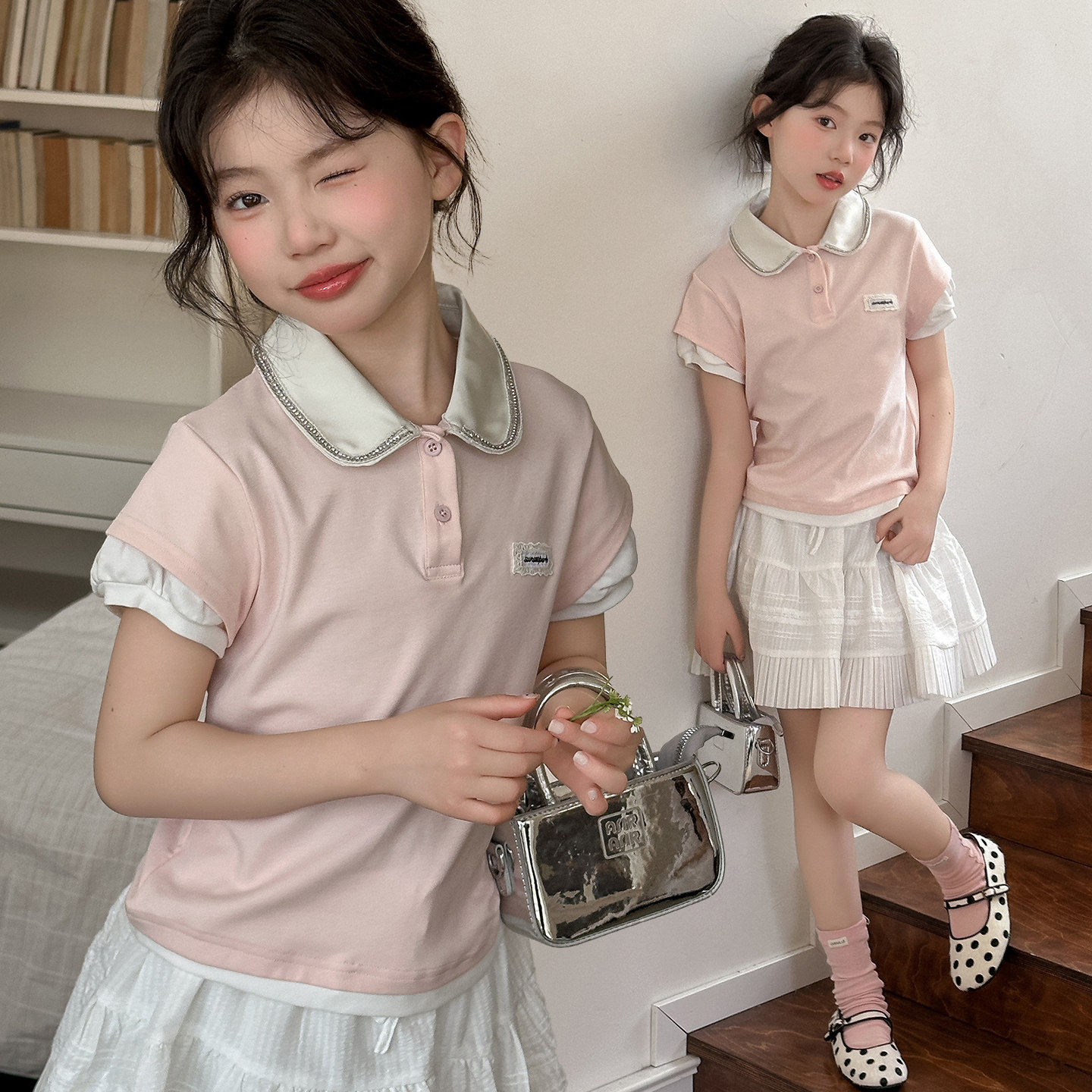女童粉色polo衫短袖夏装2026新款儿童纯棉t恤超好看女孩韩系上衣