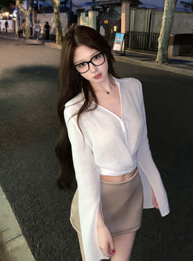 专柜流光晚风 气质绑带落肩衬衫女早秋A字光泽感短裙新款洋气