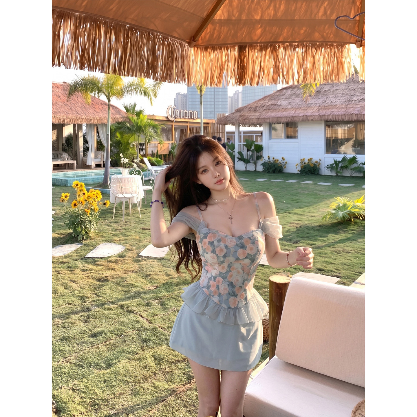 专柜正品法式碎花假两件连衣裙女夏季荷叶边收腰显瘦纯欲吊带短裙