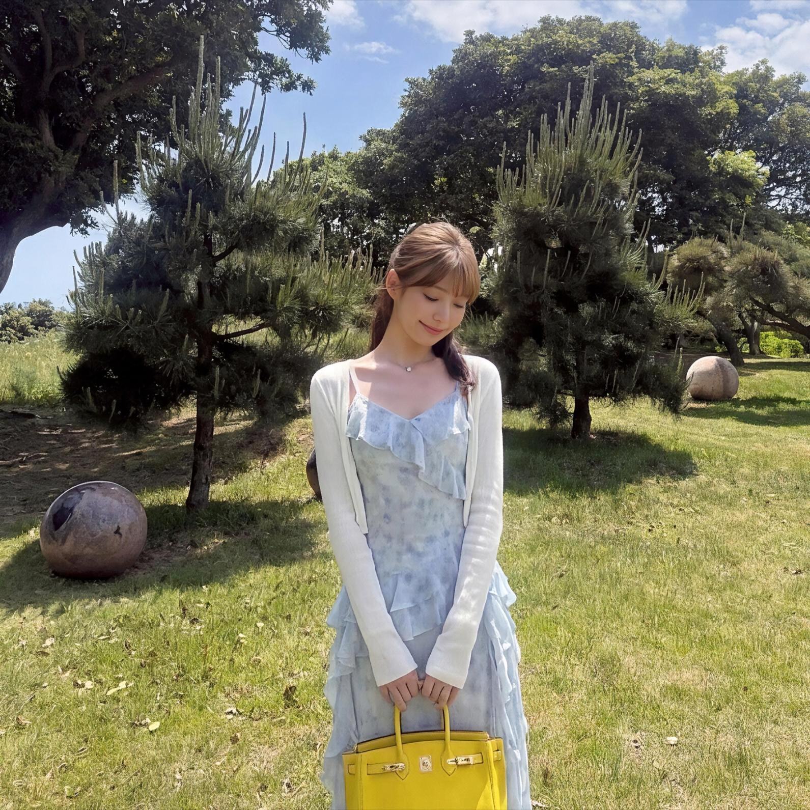 专柜正品温柔度假风蓝色吊带连衣裙女针织开衫叠穿两件套大码穿搭