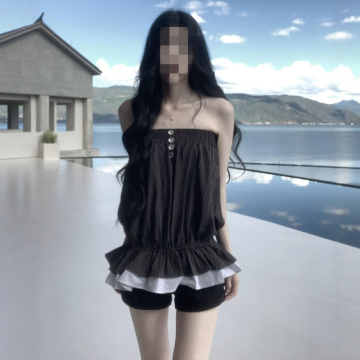 专柜正品一整套ootd穿搭套装度假风超好看的抹胸上衣短裤时尚两件