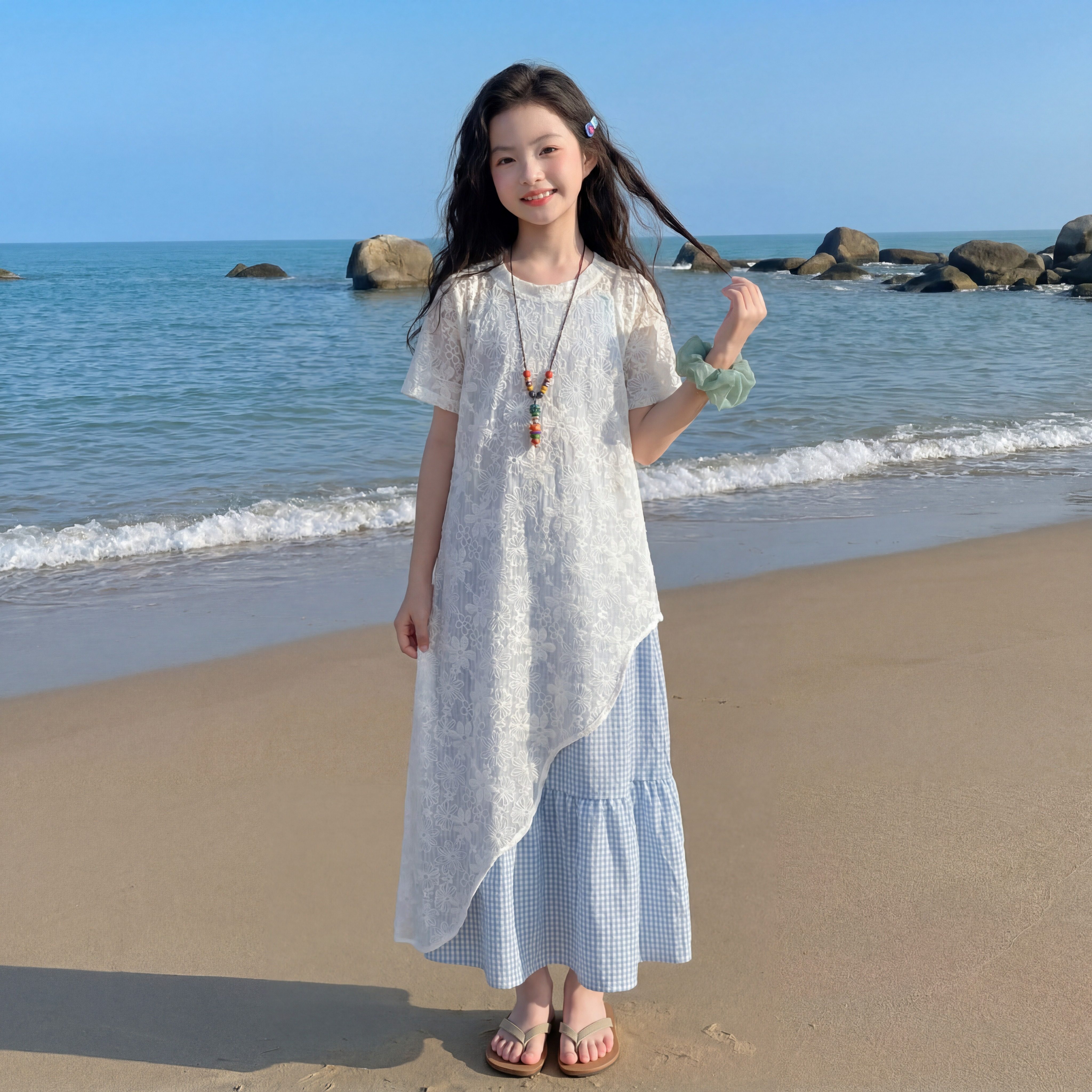 专柜正品大童女连衣裙初中生韩式风夏季2026新款女孩海边度假风夏