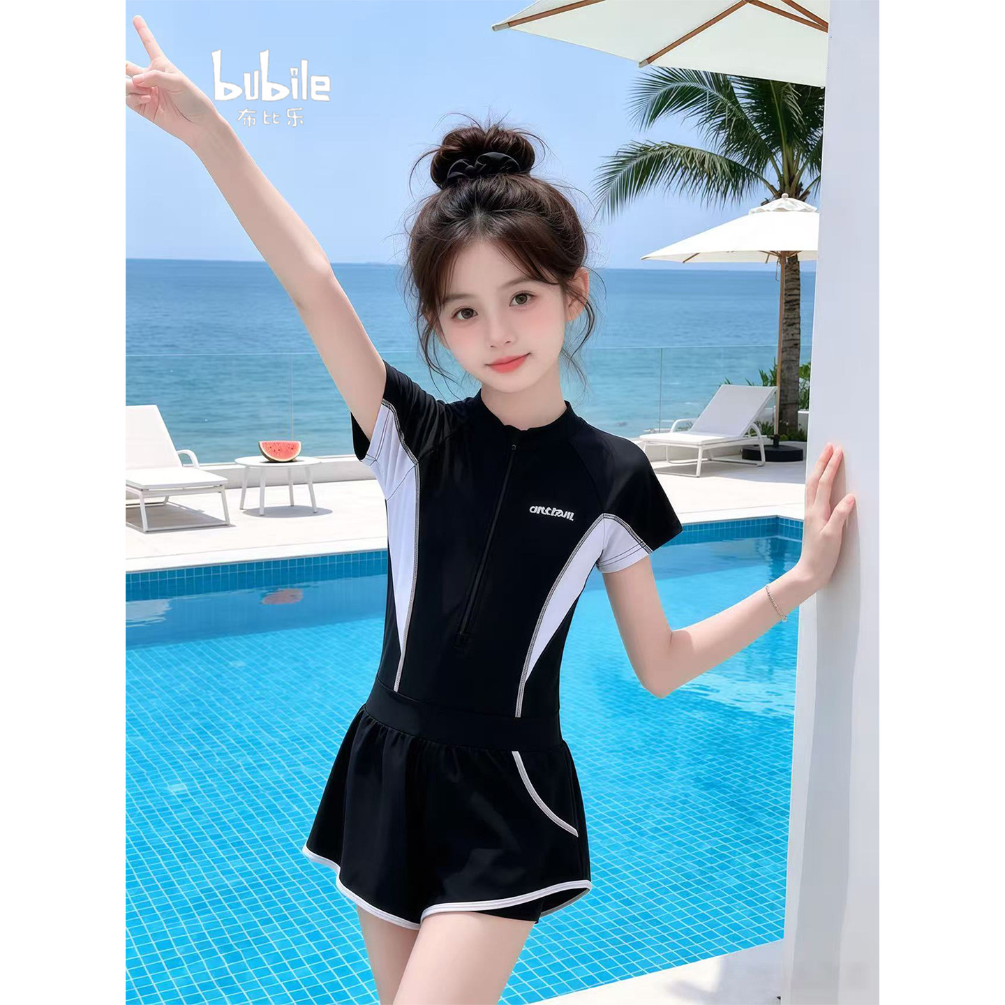 专柜正品女童短袖连体泳衣2026新款夏季前半开拉链防走光儿童速干