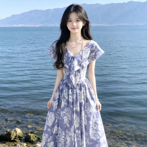 专柜正品复古漂亮独特超好看印花收腰显瘦连衣裙绝美不撞款长裙子