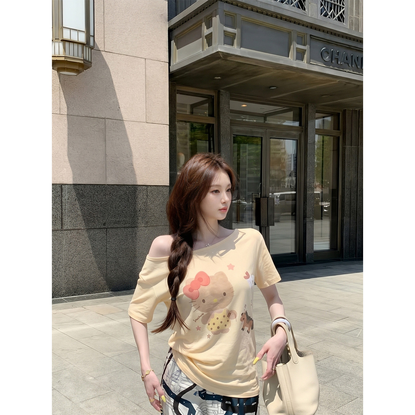 专柜正品韩系卡通印花短袖t恤女夏蕾丝边宽松休闲显瘦百搭斜肩上