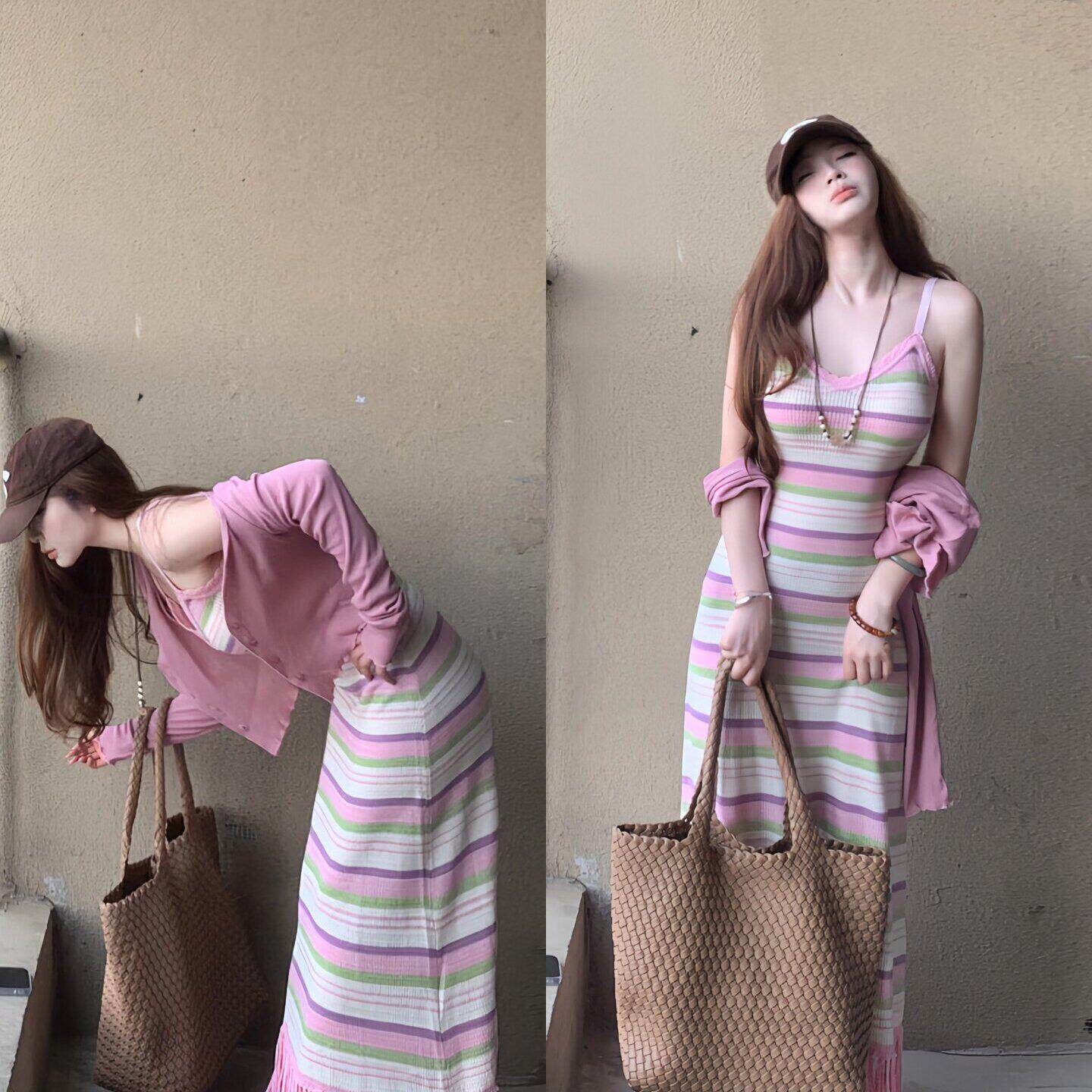 专柜正品粉色条纹流苏吊带连衣裙女夏季韩系小众绝美慵懒度假风包