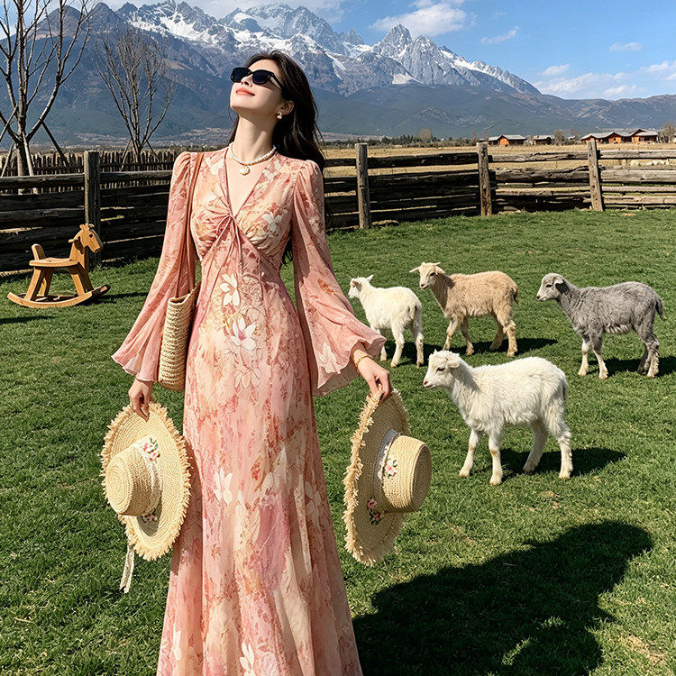 专柜高端法式气质绝美风粉色碎花印花长袖连衣裙女夏设计感收腰显