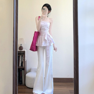 法式 甜美蝴蝶结绑带条纹抹胸上衣女设计感一字肩T恤衬衫 夏季 新款