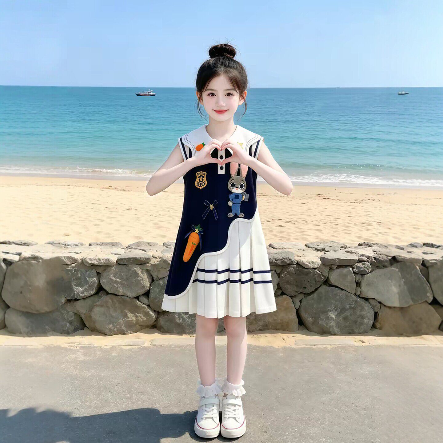 专柜高端女童夏季连衣裙2026新款卡通兔子警官学院风甜美中长裙