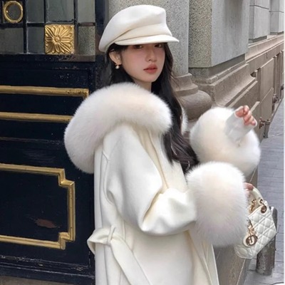 白色仿狐狸毛领双面呢羊绒大衣女小个子2025冬季新款羊毛呢子外套