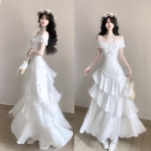 专柜高端温柔风独特超好看一字肩收腰显瘦荷叶边仙女裙度假风连衣