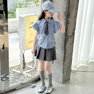 女童学院风套裙2025夏季 女孩jk百褶裙两件套 新款 洋气儿童条纹衬衫