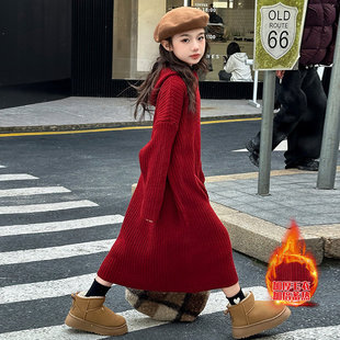 女大童连帽毛衣裙中长款 洋气女孩加厚战袍裙子拜年服 秋冬2025新款