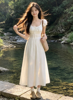 韩系温柔甜美白色大U领连衣裙女打揽松紧短袖收腰度假风长裙夏季
