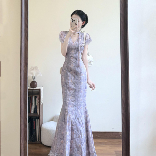 法式 纯欲新中式 V领蕾丝花边紫色连衣裙女设计感复古修身 长裙夏季