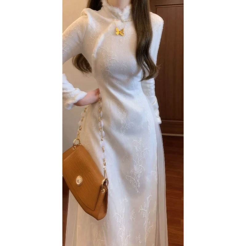 专柜高端新中式国风加厚针织披肩旗袍连衣裙两件套装今年流行爆款