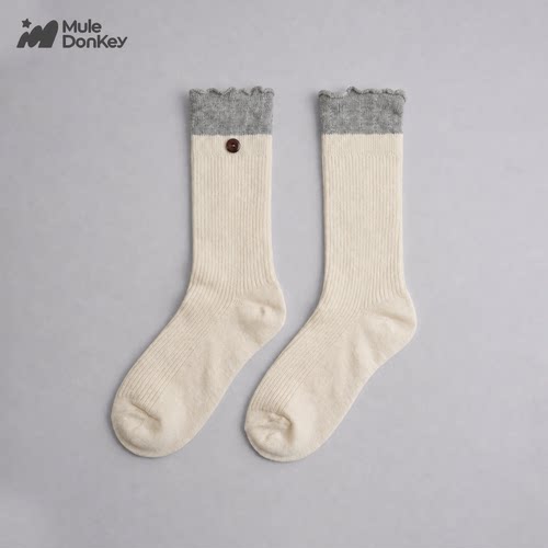 多嘴驴Donkey白色中筒袜女款日系纯棉堆堆袜配勃肯鞋花边长筒袜子
