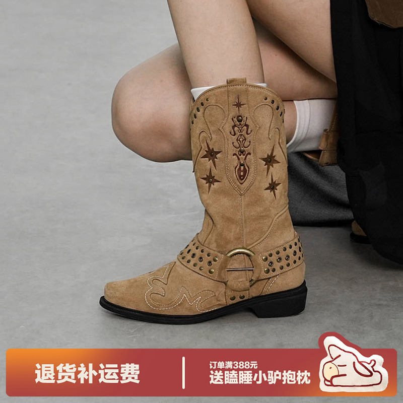 多嘴驴Donkey复古刺绣西部靴