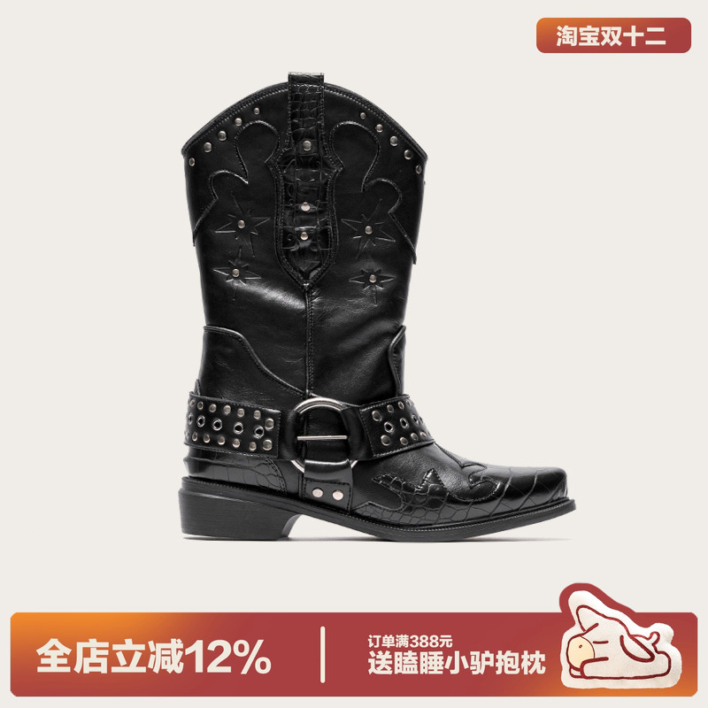 多嘴驴Donkey复古黑色西部牛仔靴