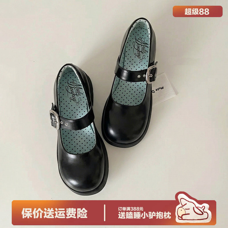 多嘴驴Donkey厚底玛丽珍鞋女款春季增高黑色JK粗跟单鞋甜美小皮鞋