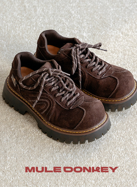多嘴驴Donkey棕色大头德比鞋女款反绒春季厚底增高小个子复古皮鞋