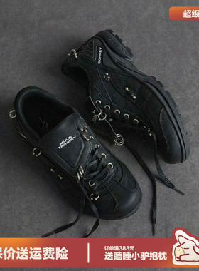 多嘴驴Donkey黑色翻盖德训鞋女春季运动鞋休闲铆钉纯黑赛车板鞋男