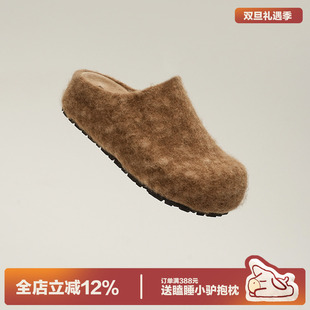 一脚蹬复古包头拖鞋 通勤加绒勃肯鞋 女冬季 多嘴驴Donkey棕色毛毛鞋