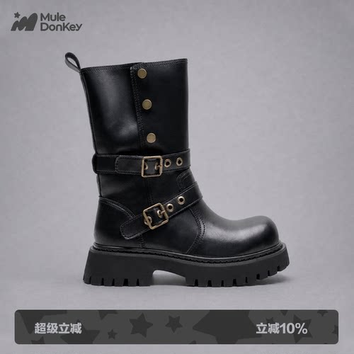 多嘴驴Donkey厚底粗跟黑色中筒靴