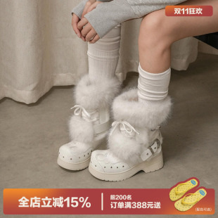 多嘴驴Donkey白色雪地靴女冬季厚底棉鞋皮带扣铆钉保暖加绒毛毛靴