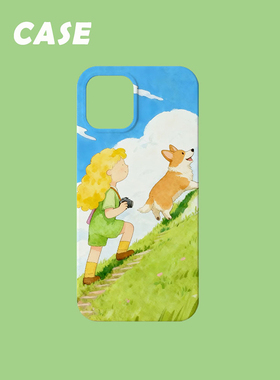 原创插画手机壳一路向上女孩柯基狗狗适用苹果17promax轻薄iPhone16151413plusxsmax韩国二合一菲林磁吸华为