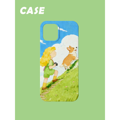 原创插画手机壳一路向上女孩柯基狗狗适用苹果17promax轻薄iPhone16151413plusxsmax韩国二合一菲林磁吸华为