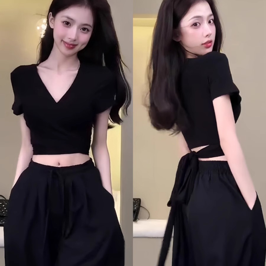 辣妹性感领后背露腰绑带短袖恤夏季新款女装短款修身显瘦小上衣