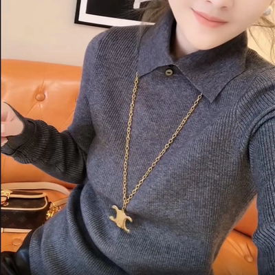 欧货翻领长袖针织衫女秋冬季