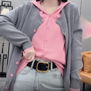 韩版时尚百搭连帽长袖糖果色针织开衫女宽松显瘦假两件毛衣上衣潮