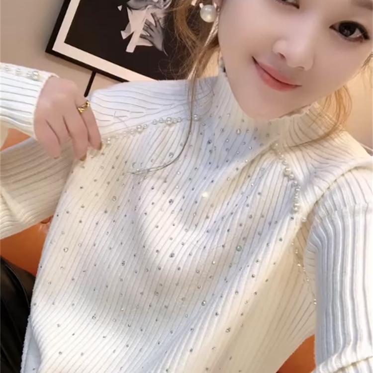 欧货2024秋冬新款女半高领烫钻毛衣宽松显瘦针织打底衫钉珠上衣潮