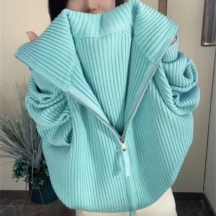 韩版翻领双拉链糖果色针织衫女