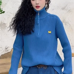 上衣 宽松显瘦百搭长袖 慵懒风立领半拉链毛衣针织衫 女2025秋冬新款