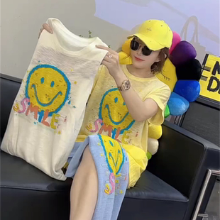 宽松透气上衣潮 夏季 2025新款 洋气卡通笑脸印花短袖 T恤女软糯时尚