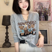 女新款 V领减龄卡通提花针织开衫 洋气休闲上衣潮 韩系潮流时尚 薄款