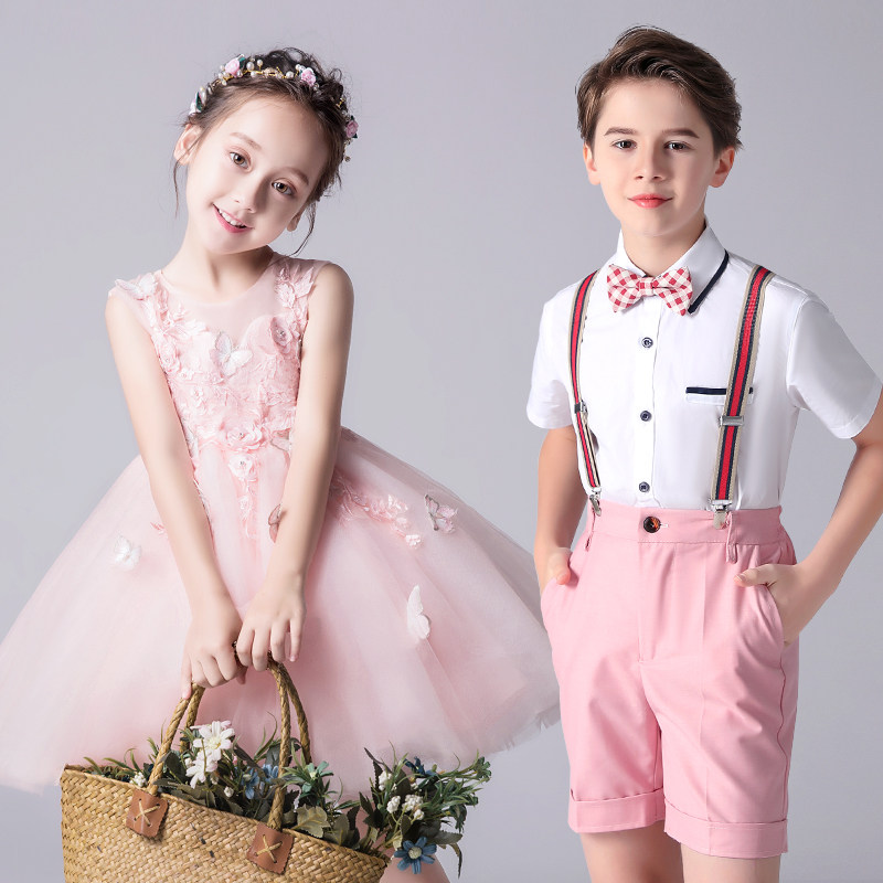 儿童合唱演出服小学生表演服装女童大合唱朗诵粉色蓬蓬裙毕业套装