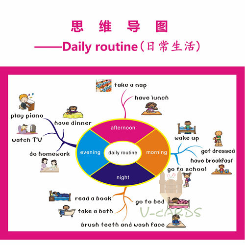 思维导图daily routine日常生活英语分类短语闪卡幼儿童小学早教