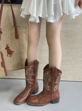 2025年秋季方头粗跟增高舒适百搭刺绣西部牛仔靴复古骑士靴长筒靴