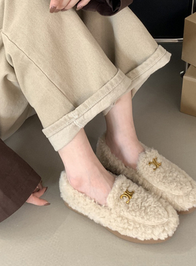 2025年冬季韩版圆头毛毛豆豆鞋女加绒软底皮带扣装饰一脚蹬乐福鞋