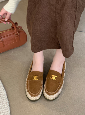 牛反绒渔夫鞋女2026春季磨砂皮厚底麻绳编织平底一脚蹬懒人乐福鞋